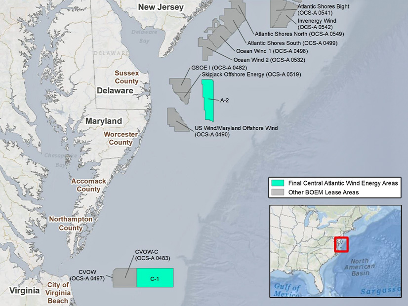 The U.S. Bureau of Ocean Energy Management will offer Central Atlantic wind energy areas A-2 and C-1 at an auction in August.