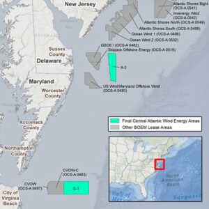 The Bureau of Ocean Energy Management will offer Central Atlantic wind energy areas A-2 and C-1 at an auction in August.