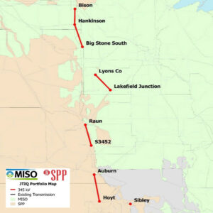 The five projects in the MISO-SPP JTIQ portfolio, extending from the Dakotas and Minnesota down to Kansas and Missouri. 
