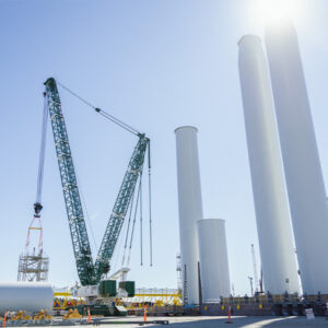 Components for the South Fork Wind offshore wind farm are shown at the State Pier in New London, Conn., in late 2023.