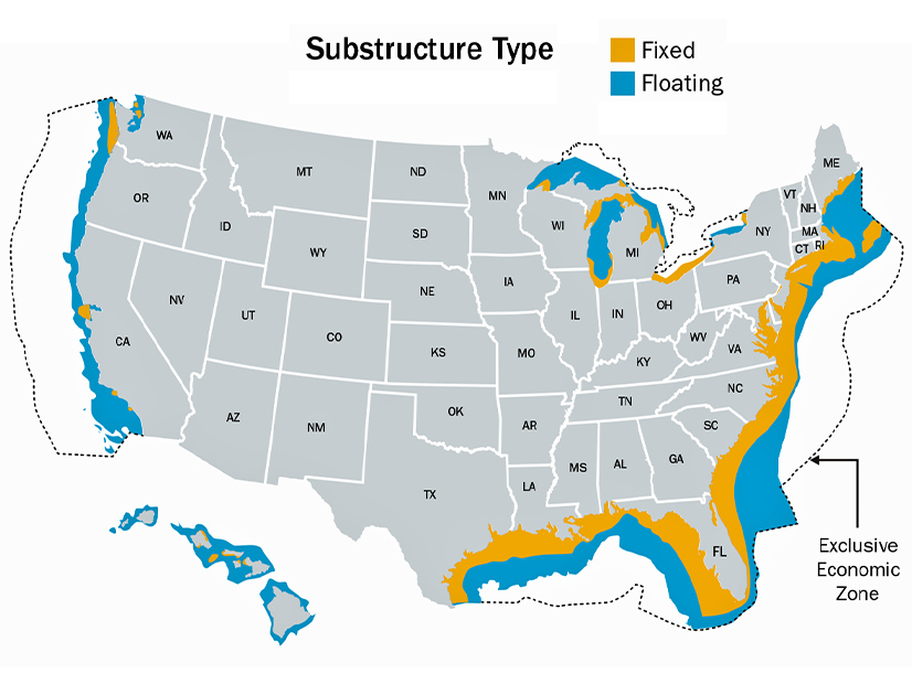 A map shows potential floating offshore wind power sites along the coasts of the continental United States.