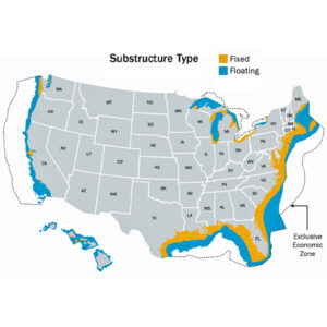A map shows potential floating offshore wind power sites along the coasts of the continental United States.