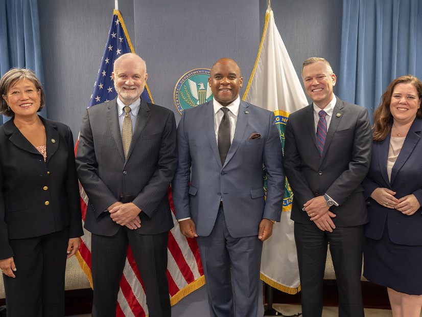 From left: FERC Commissioners Judy Chang, Mark Christie, Willie Phillips (chair), David Rosner and Lindsay See after the July open meeting, the first with all three new members appointed by President Joe Biden