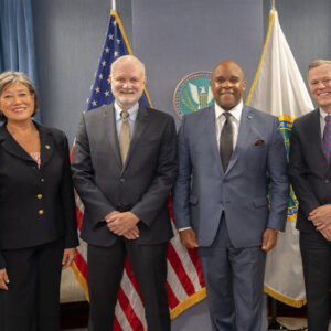 From left: FERC Commissioners Judy Chang, Mark Christie, Willie Phillips (chair), David Rosner and Lindsay See after the July open meeting, the first with all three new members appointed by President Joe Biden