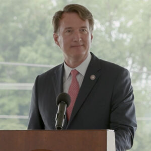 Virginia Gov. Glenn Youngkin (R) addresses the crowd during Dominion's announcement at the North Anna nuclear plant on July 10.