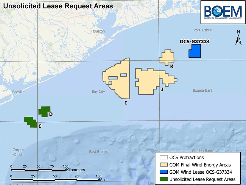 The blue area has been leased for offshore wind development; a planned wind lease auction has been canceled for the beige areas; and an unsolicited lease request has been made for the green areas.