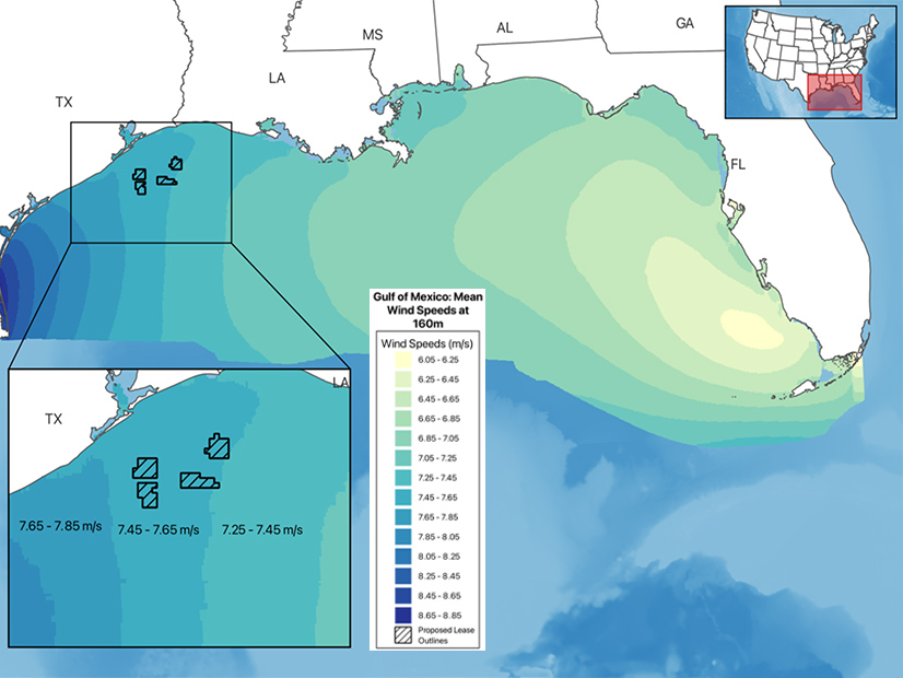 A National Renewable Energy Laboratory map shows average wind velocities in the Gulf of Mexico from 2000 to 2020.