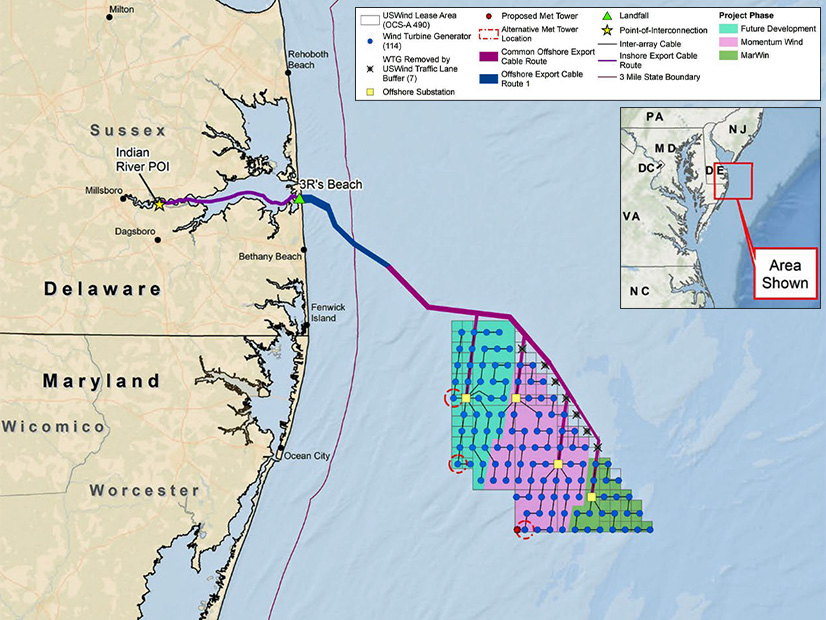A map of the US Wind offshore wind proposal shows the preferred version as designated by the U.S. Bureau of Ocean Energy Management in its review of the environmental impact the offshore wind farm potentially would have.
