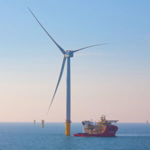 A GE Vernova wind turbine with LM Wind Power blades is shown in late 2023 at the Dogger Bank Wind Farm under construction off the English coast.