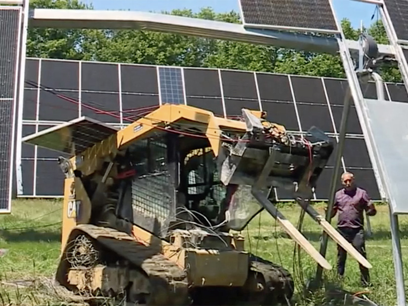 WMTV reporter Jim Keithley of WMTW TV explains the damage inflicted on a nearly completed solar farm in New Gloucester, Maine.