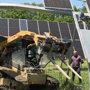 WMTV reporter Jim Keithley explains the damage inflicted on a nearly completed solar farm in New Gloucester, Maine.
