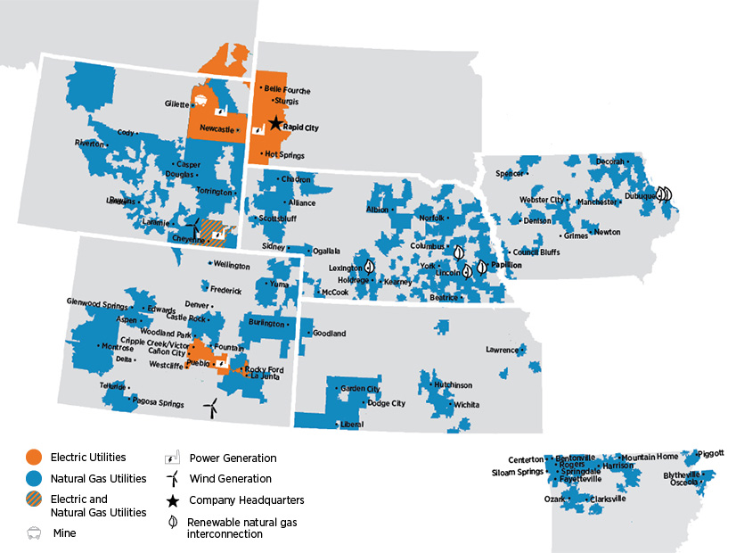 The territories of the two Black Hills Energy utilities joining the Western Energy Imbalance Market are represented on this map by the orange areas in Montana, Wyoming and South Dakota. 