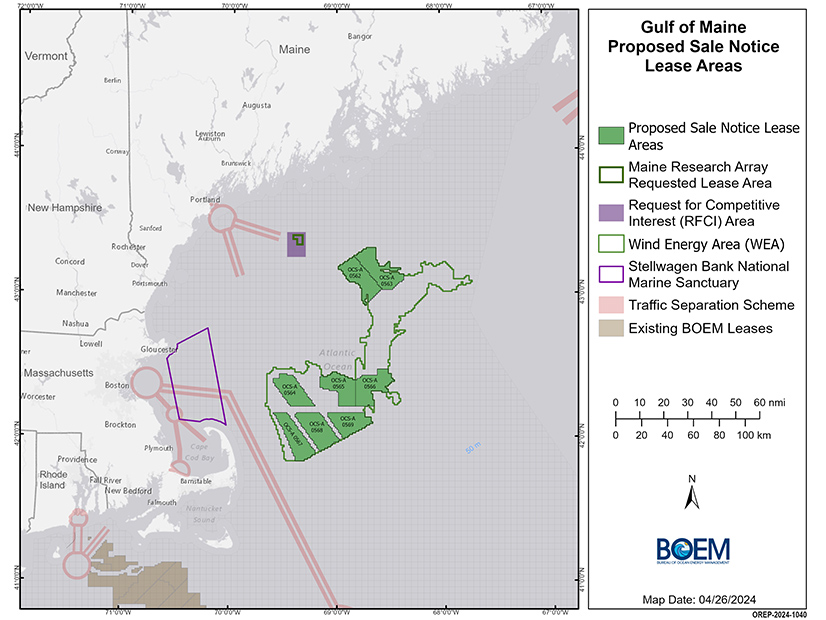 The U.S. Bureau of Ocean Energy Management has issued an offshore wind research lease for the area closest to the Maine coast on this map.