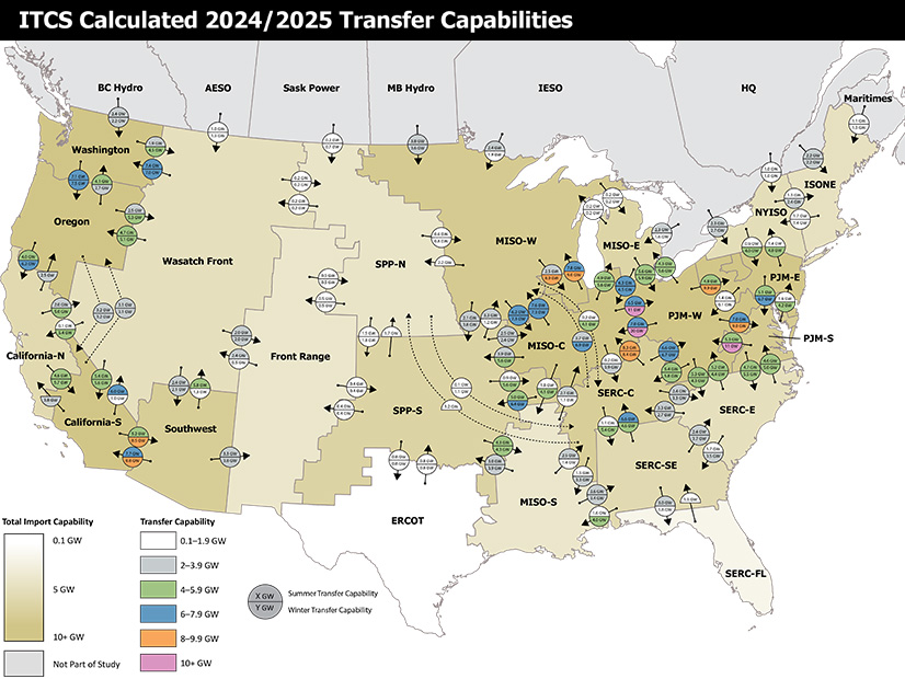 Transfer capabilities between FERC planning regions calculated by the ITCS team. 