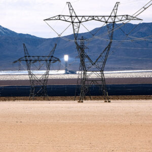 Ivanpah solar tower and power lines in California. 