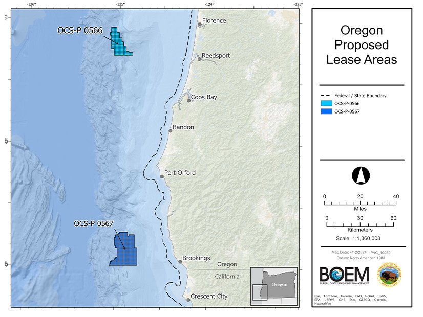 The U.S. Bureau of Ocean Energy Management is proposing to auction two wind energy lease areas off the Oregon coast.