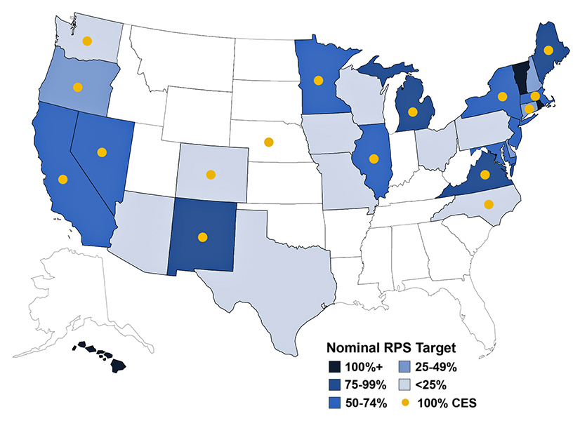 A map shows the states that have enacted renewables portfolio standards or clean electricity standards.