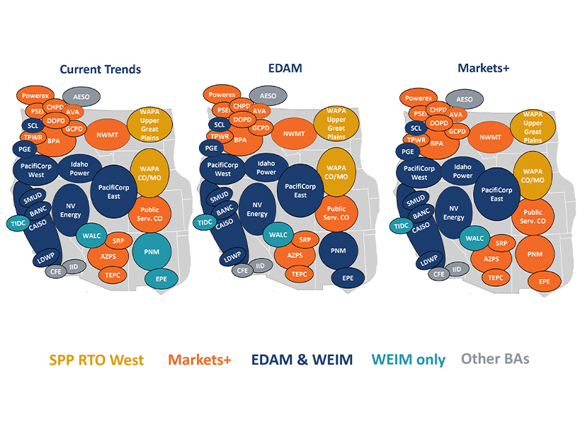 Map illustrates how seams between Western electricity markets could shape up based on current expectations for market choices among the region's balancing authorities.