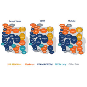 Map illustrates how seams between Western electricity markets could shape up based on current expectations for market choices among the region's balancing authorities.