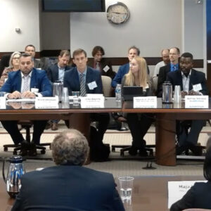 The first panel from FERC's interconnection workshop: Beth Garza, Arash Ghodsian, John Michael Hagerty, Natasha Henderson, Aubrey Johnson and David Mindham.