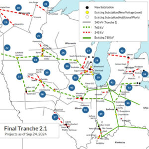 Routes of MISO's final LRTP II portfolio in dotted lines 