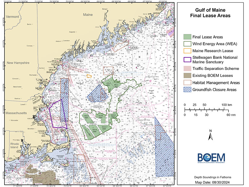 A map from BOEM showing the leases available in the Gulf of Maine for the Oct. 29 auction.