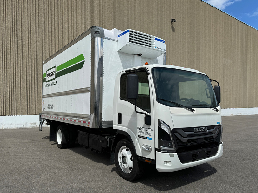 An Isuzu electric truck bearing an electric refrigeration unit manufactured by Thermo King that was showcased by the two companies at a trade show in May, creating a "zero-emission box truck."