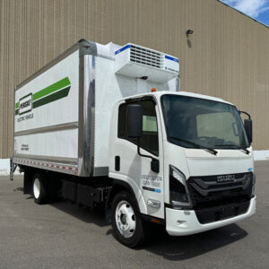 An Isuzu electric truck bearing an electric refrigeration unit manufactured by Thermo King that was showcased by the two companies at a trade show in May, creating a "zero-emission box truck."