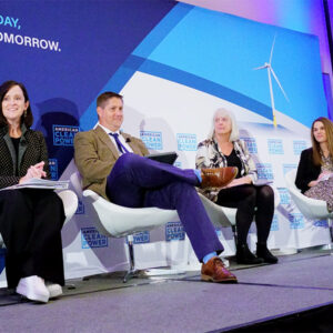 From left: BOEM Director Elizabeth Klein, Permitting Council Director Eric Beightel, NOAA Fisheries Assistant Administrator Janet Coit and Patty DiOrio of Ørsted hold an Offshore WINDPOWER panel discussion on lessons learned from early offshore wind projects.