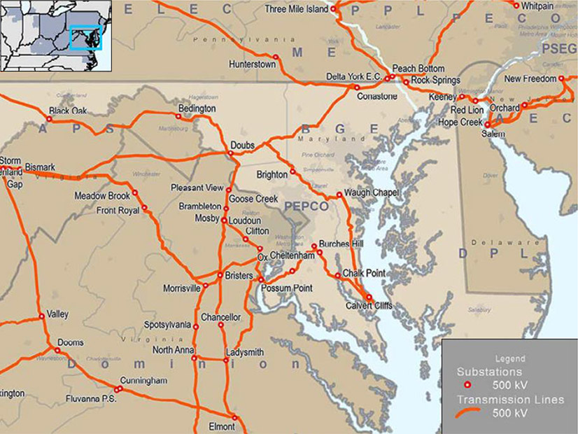 Maryland's high-voltage transmission system: Access to high-voltage lines is limited in the central and eastern parts of the state, which has to import about five times more power than it generates.