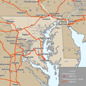 Maryland's high-voltage transmission system: Access to high-voltage lines is limited in the central and eastern parts of the state, which has to import about five times more power than it generates.