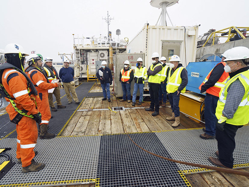 Community Offshore Wind personnel receive a briefing aboard a Fugro survey vessel in the New York Bight in January 2023.