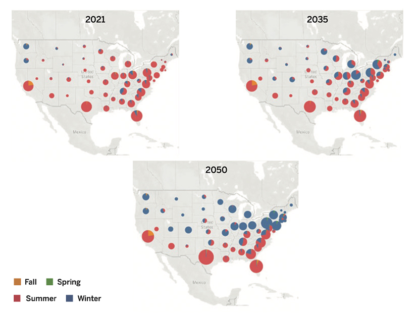 A map ESIG included in the report showing how electrification will cause some regions to shift peak demands to the winter in the coming decades.