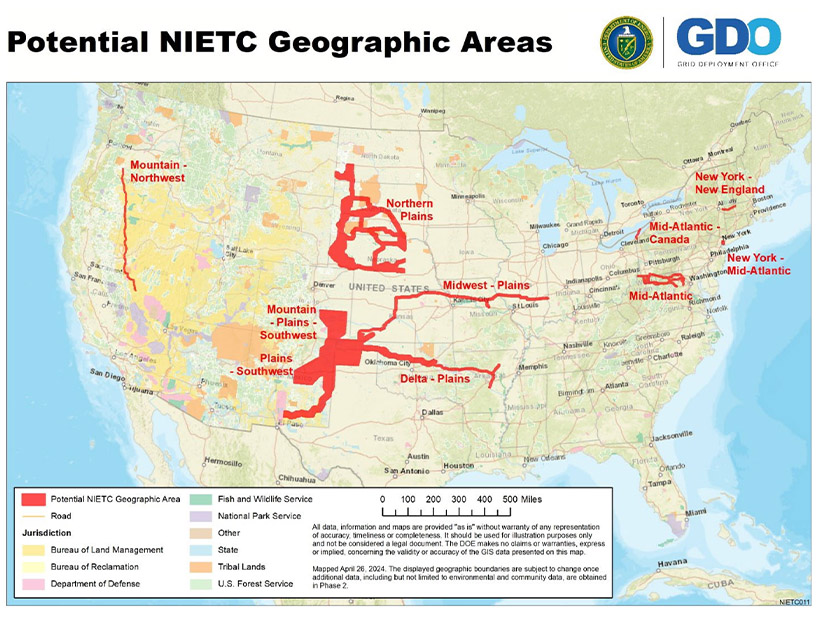 A DOE map from this spring showing potential National Interest Electric Transmission Corridors where FERC's backstop siting authority could be applied.