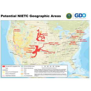 A DOE map from this spring showing potential National Interest Electric Transmission Corridors where FERC's backstop siting authority could be applied.