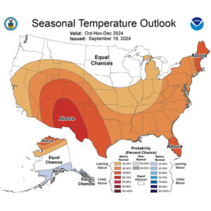 Seasonal temperature outlook from the National Weather Service's Climate Prediction Center. 