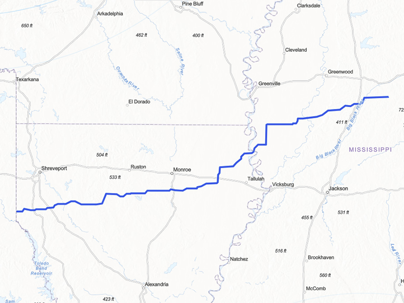 The planned route from Texas to Mississippi for Pattern Energy's Southern Spirit Transmission.