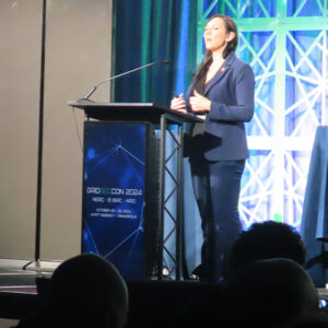 CISA Chief Meteorologist Sunny Wescott delivers a keynote address at GridSecCon in Minneapolis.