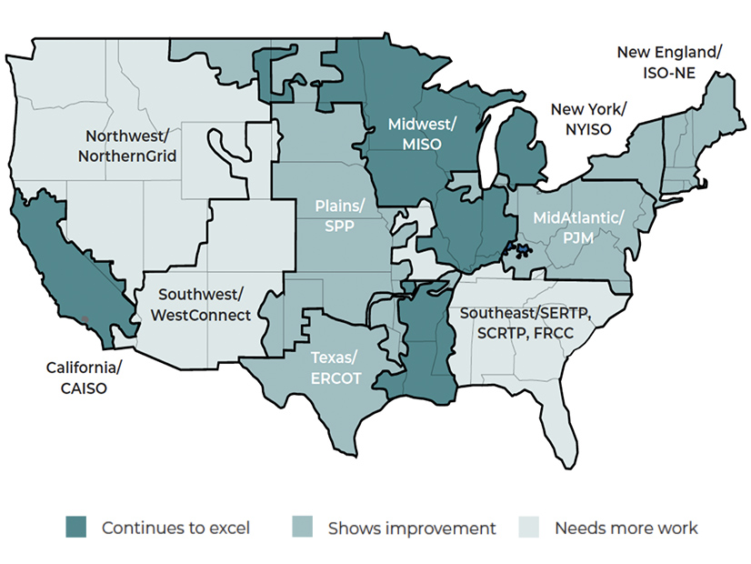 A map produced by Grid Strategies and ACEG showing transmission planning region's recent reform progress.