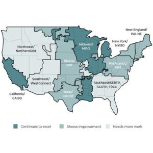 A map produced by Grid Strategies and ACEG showing transmission planning region's recent reform progress.