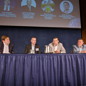 Exploring alternatives to hyperscale at the USEA Energy Tech Connect Forum were (from left) Tom Mapes, Digital Energy Council; Andrew Webber, Digital Power Optimization; Sean Farrell, TeraWulf; and Scott Garrison, CleanSpark.