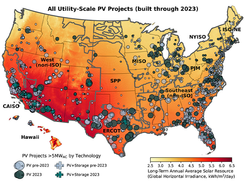 Utility-scale solar projects are shown across the United States.