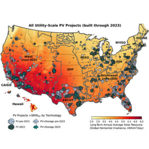 Utility-scale solar projects are shown across the United States.