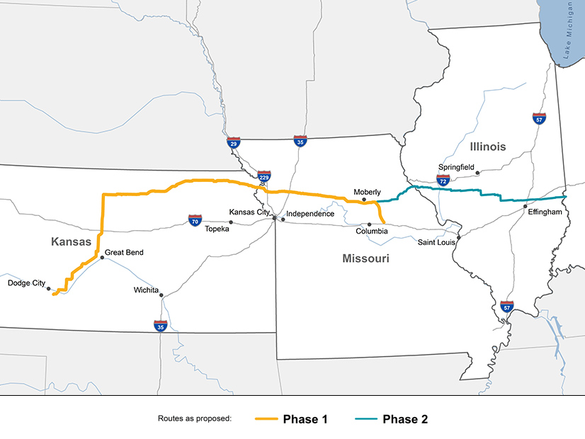 LPO's conditional loan of $4.9 billion will be used to help finance Phase 1 (in yellow) of the Grain Belt Express, a 2,500-MW interregional transmission line running approximately 578 miles from Ford County, Kansas, to Callaway County, Missouri. 