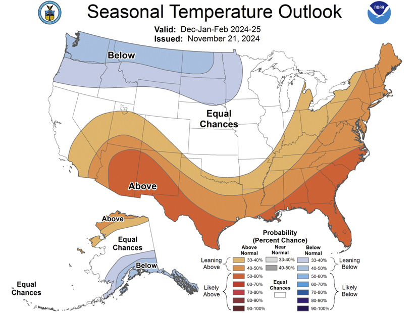 NOAA's seasonal temperature outlook for December 2024-February 2025, issued Nov. 21. 