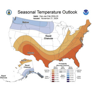 NOAA's seasonal temperature outlook for December 2024-February 2025, issued Nov. 21. 