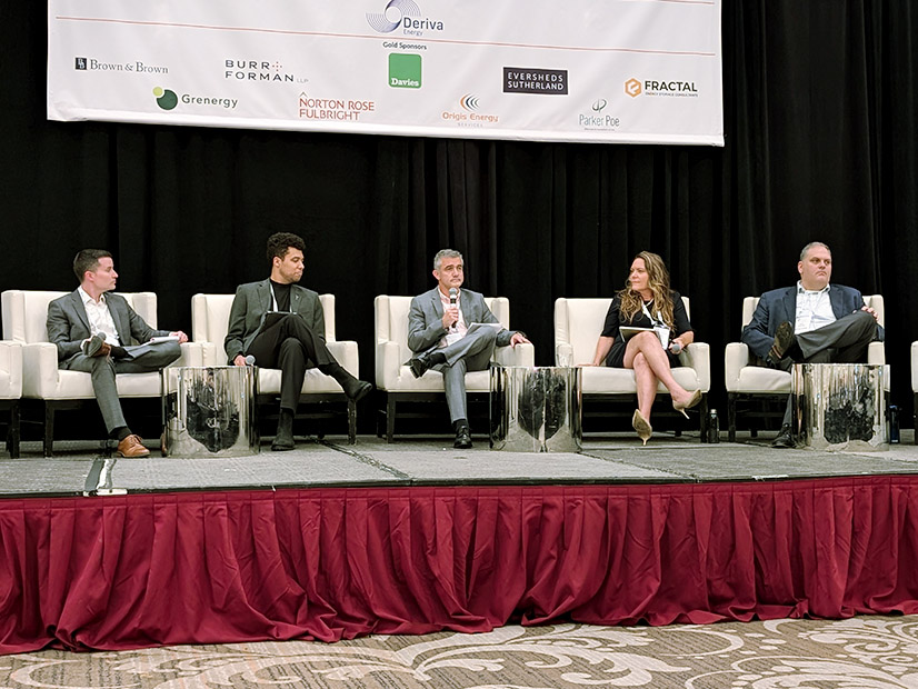 Debating the difference between organized and vertically integrated retail markets at the Southeast Renewable Energy conference were (from left) moderator Daniel Nugent, Norton Rose Fulbright; Jaxon Tolbert, Southeastern Wind Coalition; Juliano Freitas, Invenergy; Monika Gerhart, Gulf States Renewable Energy Industries Association; and David Mindham, EDP Renewables. 