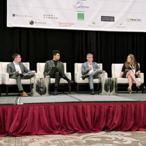 Debating the difference between organized and vertically integrated retail markets at the Southeast Renewable Energy conference were (from left) moderator Daniel Nugent, Norton Rose Fulbright; Jaxon Tolbert, Southeastern Wind Coalition; Juliano Freitas, Invenergy; Monika Gerhart, Gulf States Renewable Energy Industries Association; and David Mindham, EDP Renewables. 