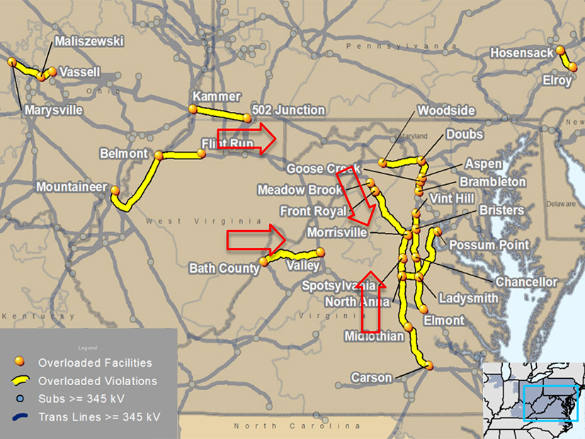 A map shows transmission violations identified in the first window of PJM's 2024 Regional Transmission Expansion Plan (RTEP).