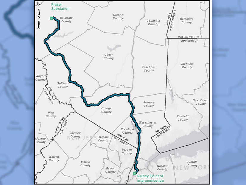 The proposed route of the Clean Path New York underground HVDC transmission line is shown.